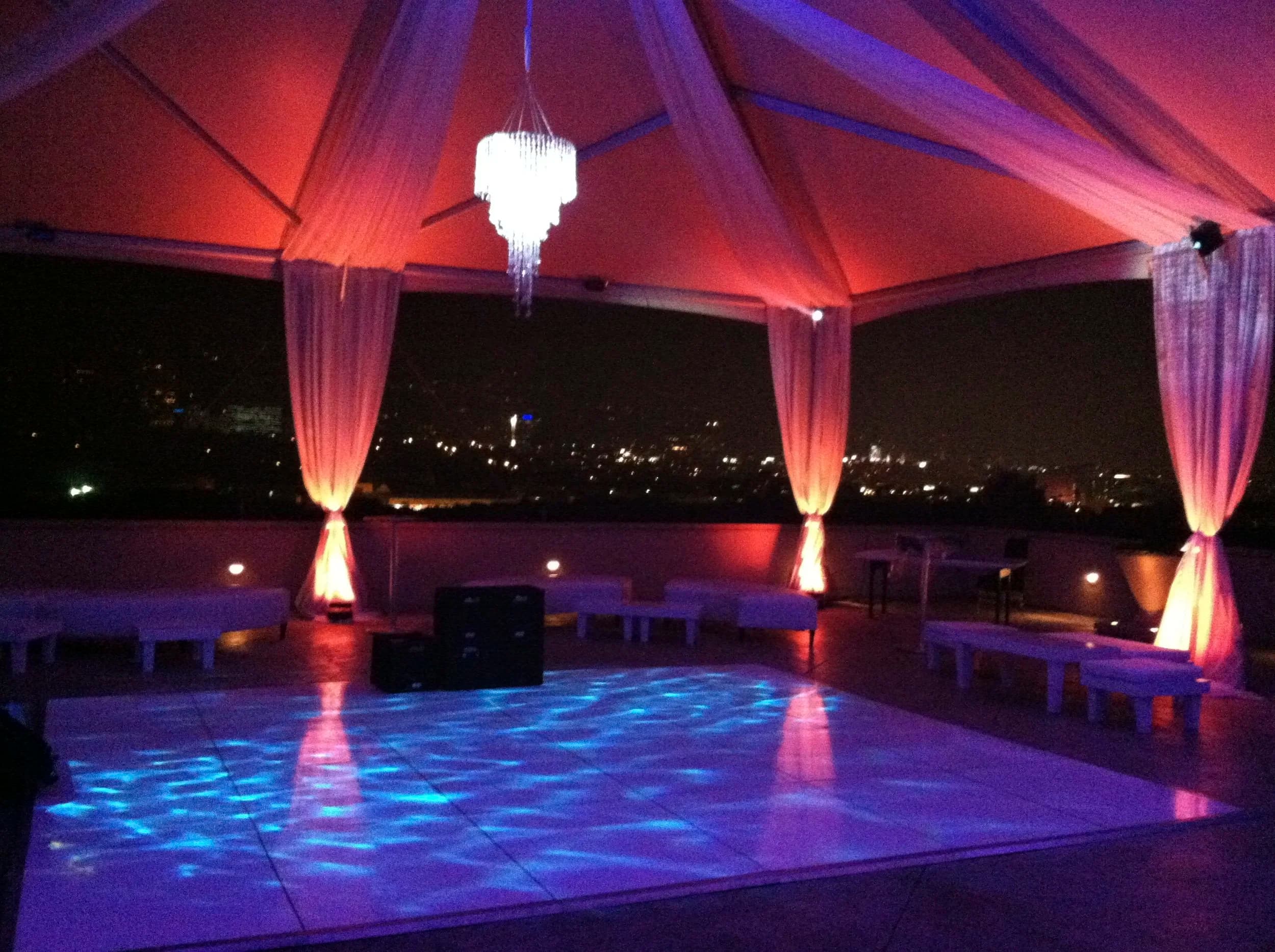 Event space shown before and after lighting design